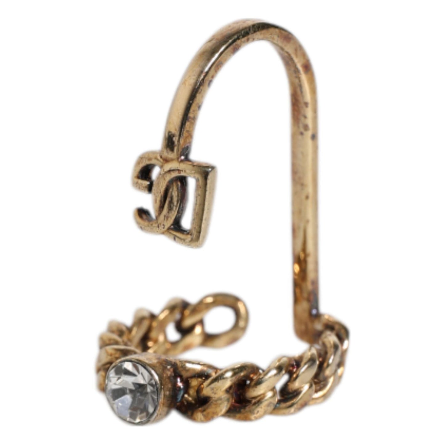 Dolce & Gabbana Gold Tone Engraved Logo Clear Crystals Adjustable Ring