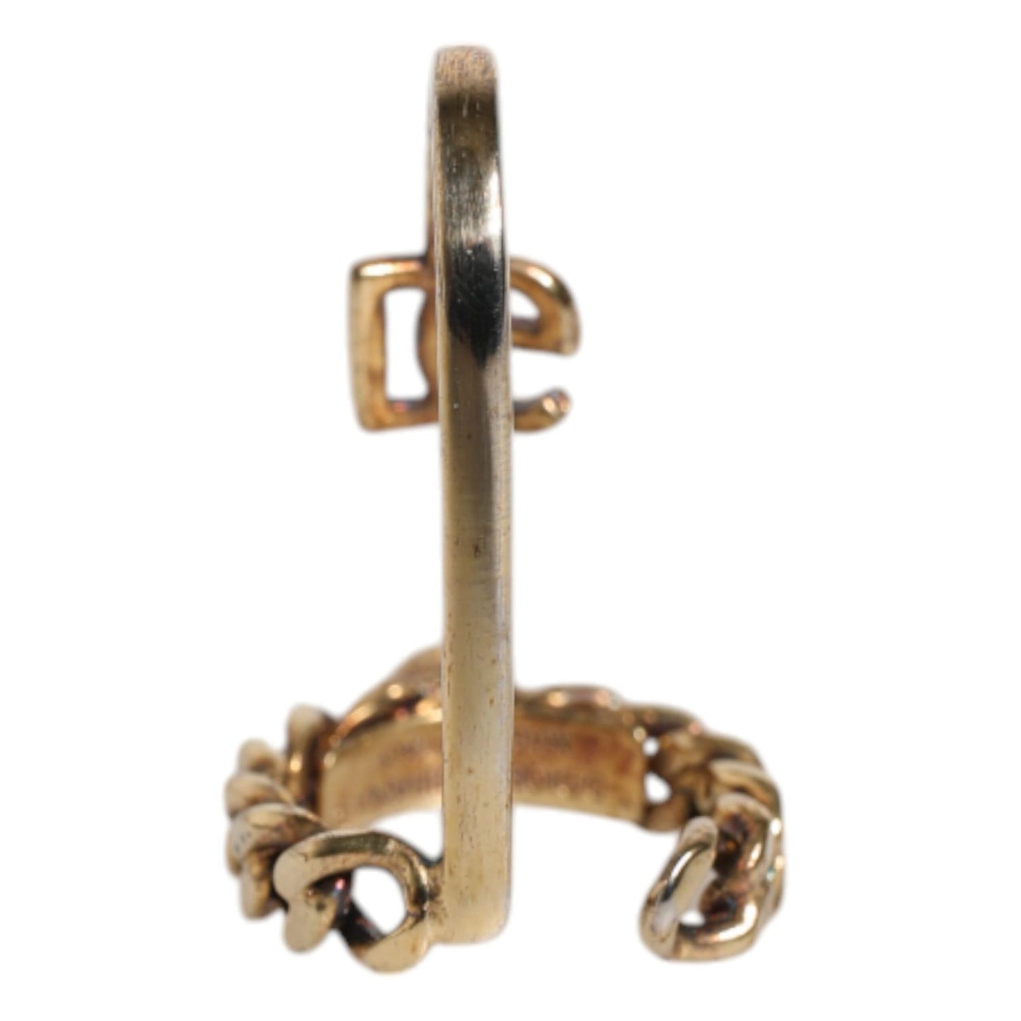 Dolce & Gabbana Gold Tone Engraved Logo Clear Crystals Adjustable Ring