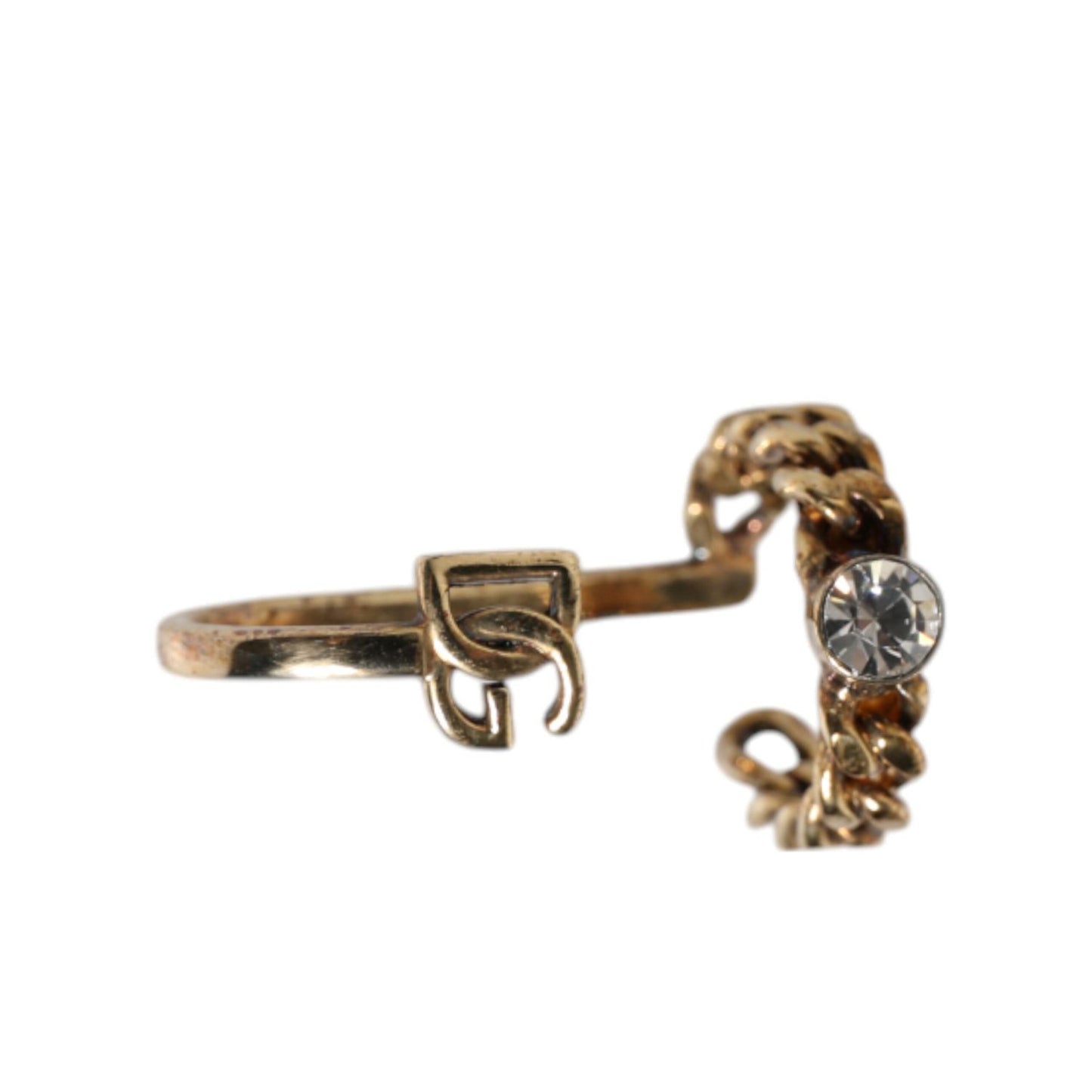 Dolce & Gabbana Gold Tone Engraved Logo Clear Crystals Adjustable Ring