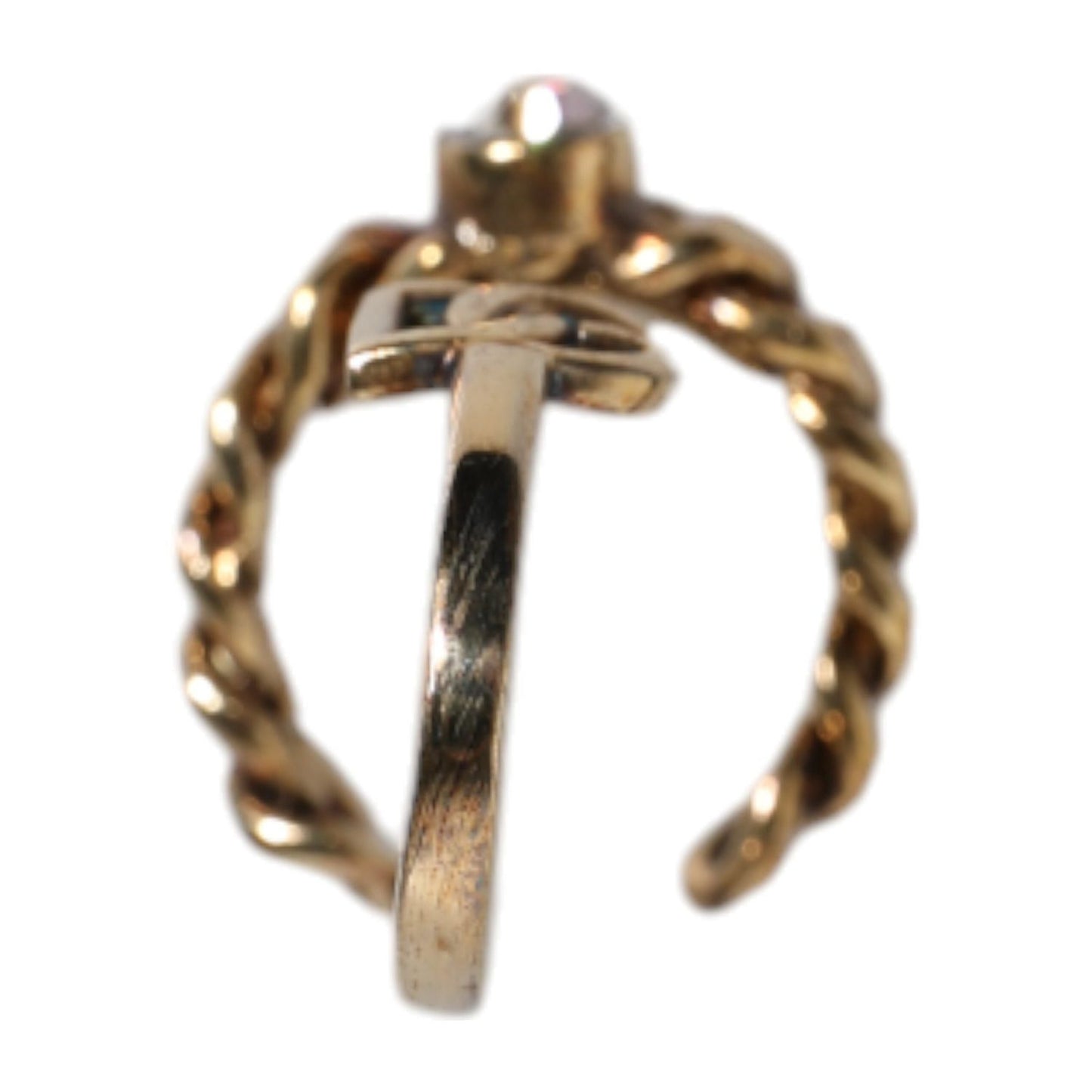 Dolce & Gabbana Gold Tone Engraved Logo Clear Crystals Adjustable Ring
