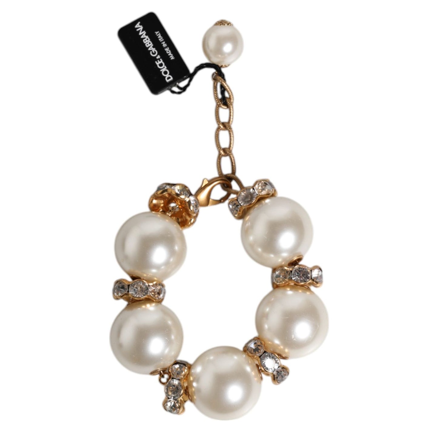 Dolce & Gabbana Gold Tone Brass Maxi Pearl Lobster Clasp Logo Bracelet