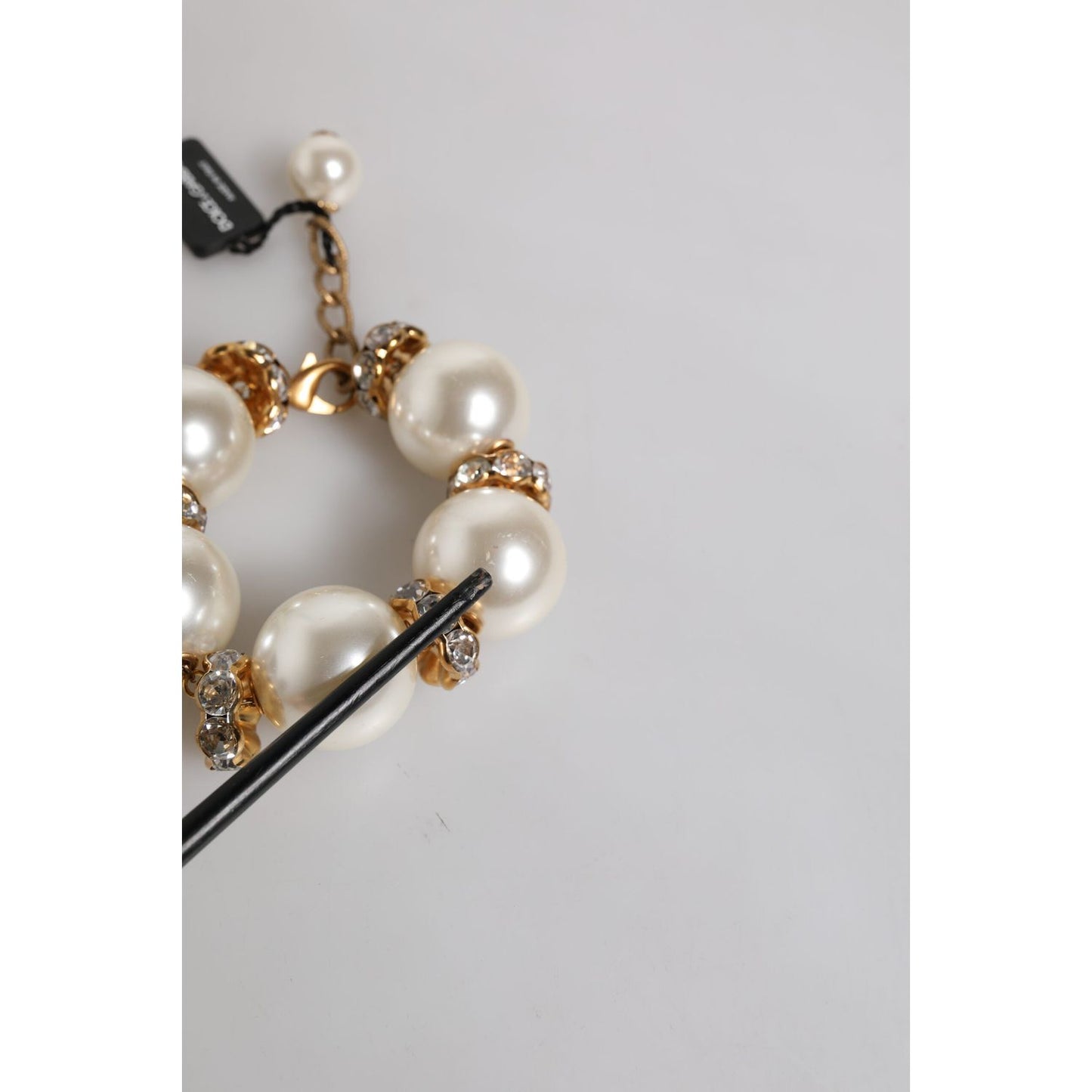 Dolce & Gabbana Gold Tone Brass Maxi Pearl Lobster Clasp Logo Bracelet