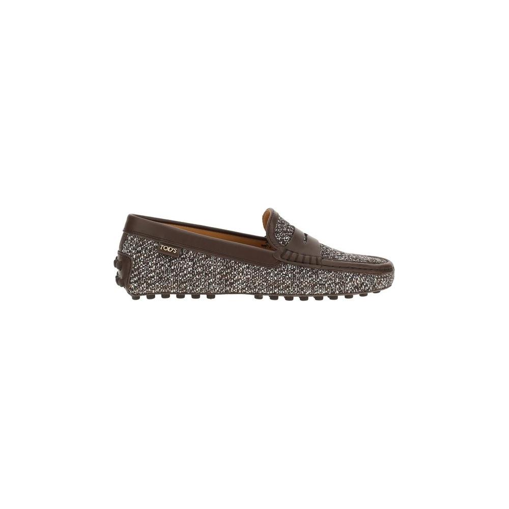 Tod's Tweed Gommino Loafers with leather trim and non-slip sole, featuring a comfortable round toe design and logo-embossed insole.