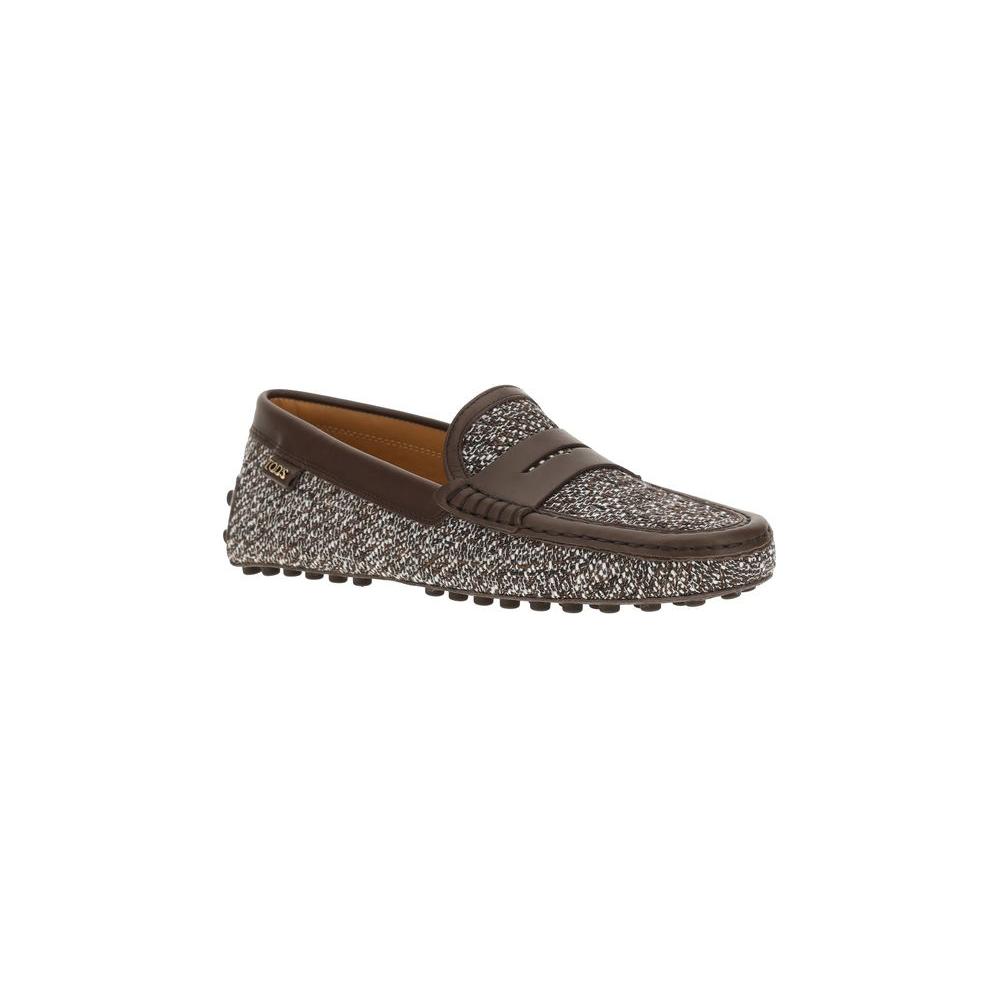 Brown Tod's Tweed Gommino Loafer featuring non-slip rubber sole and logo-embossed insole for stylish and comfortable wear.