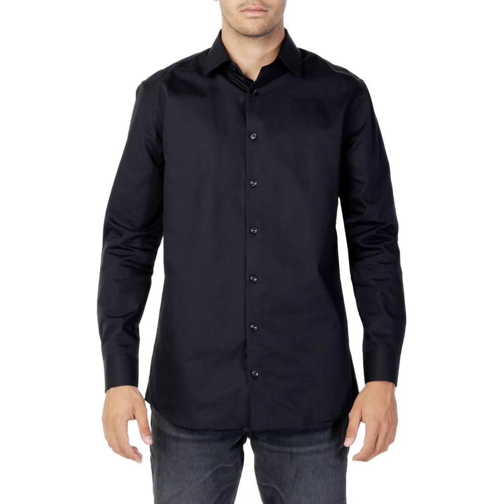 Men's Selected Black Cotton Shirt, long-sleeve, classic fit with contrasting buttons, versatile for formal and everyday wear.