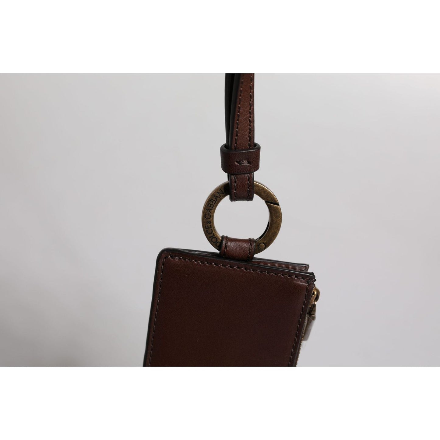 Dolce & Gabbana Brown Calf Leather Lanyard Logo Card Holder Wallet BAG4299