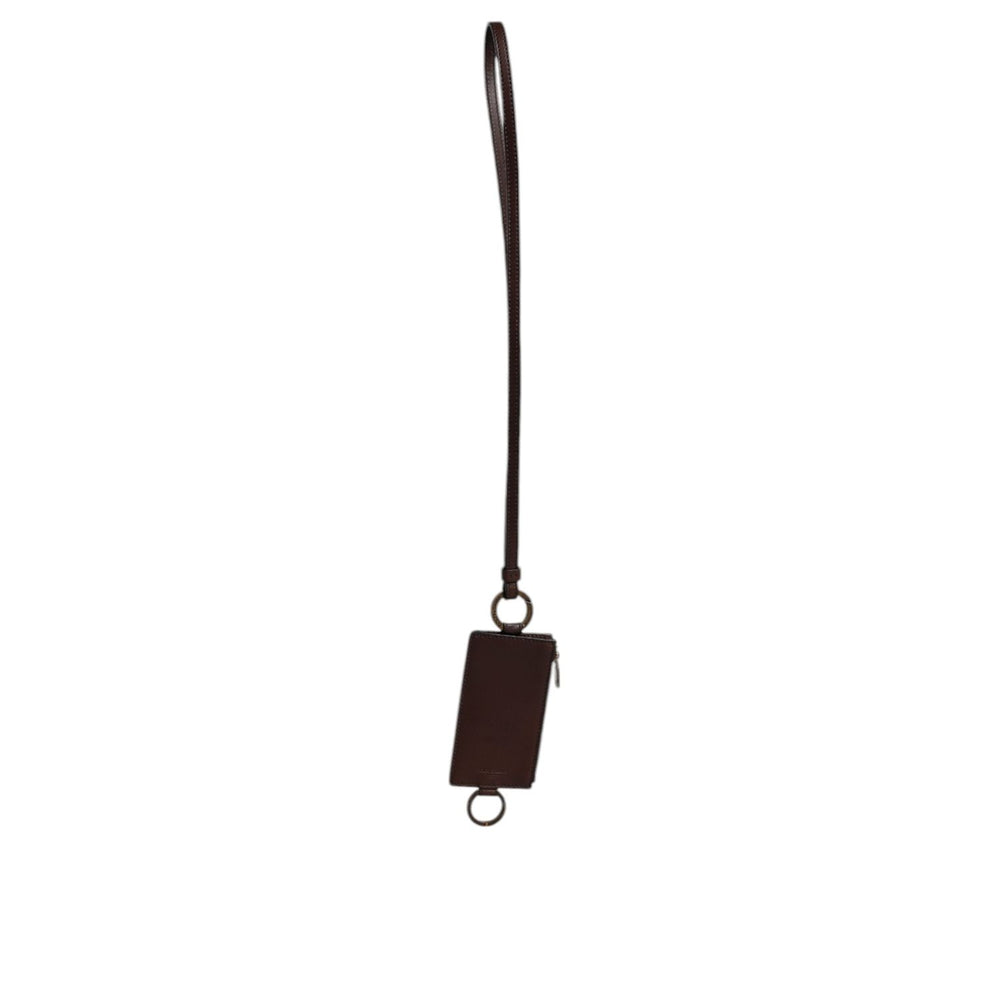 Dolce & Gabbana Brown Calf Leather Lanyard Logo Card Holder Wallet BAG4300