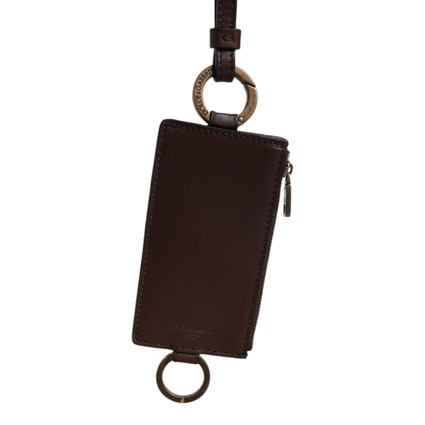 Dolce & Gabbana Brown Calf Leather Lanyard Logo Card Holder Wallet BAG4300