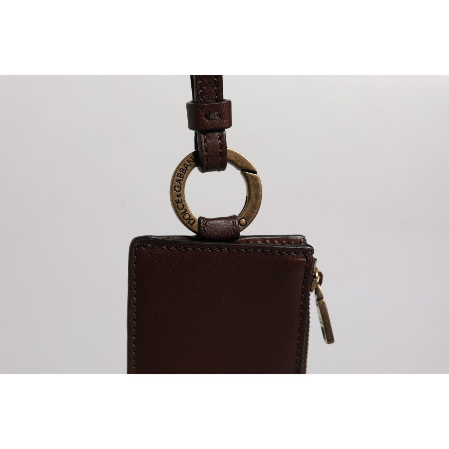 Dolce & Gabbana Brown Calf Leather Lanyard Logo Card Holder Wallet BAG4300