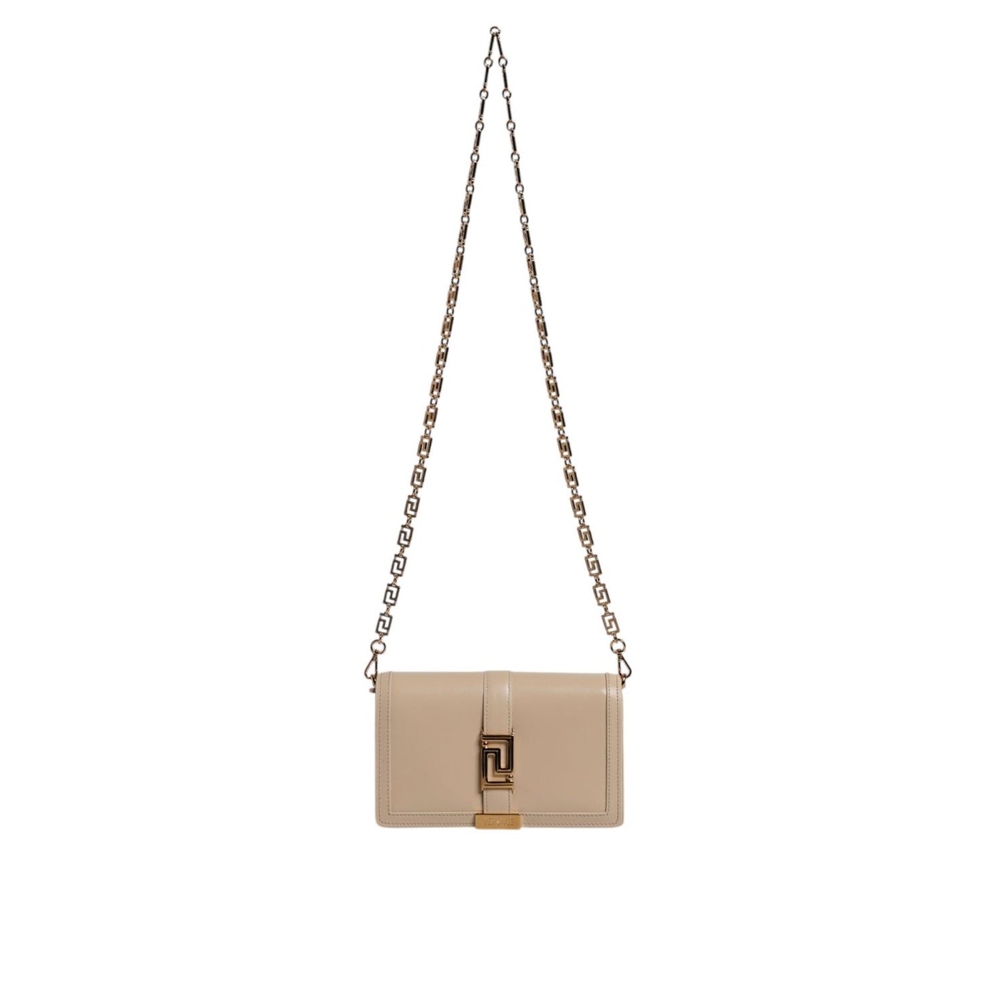 Versace Beige Gold Chain Calf Leather Wallet Crossbody Bag