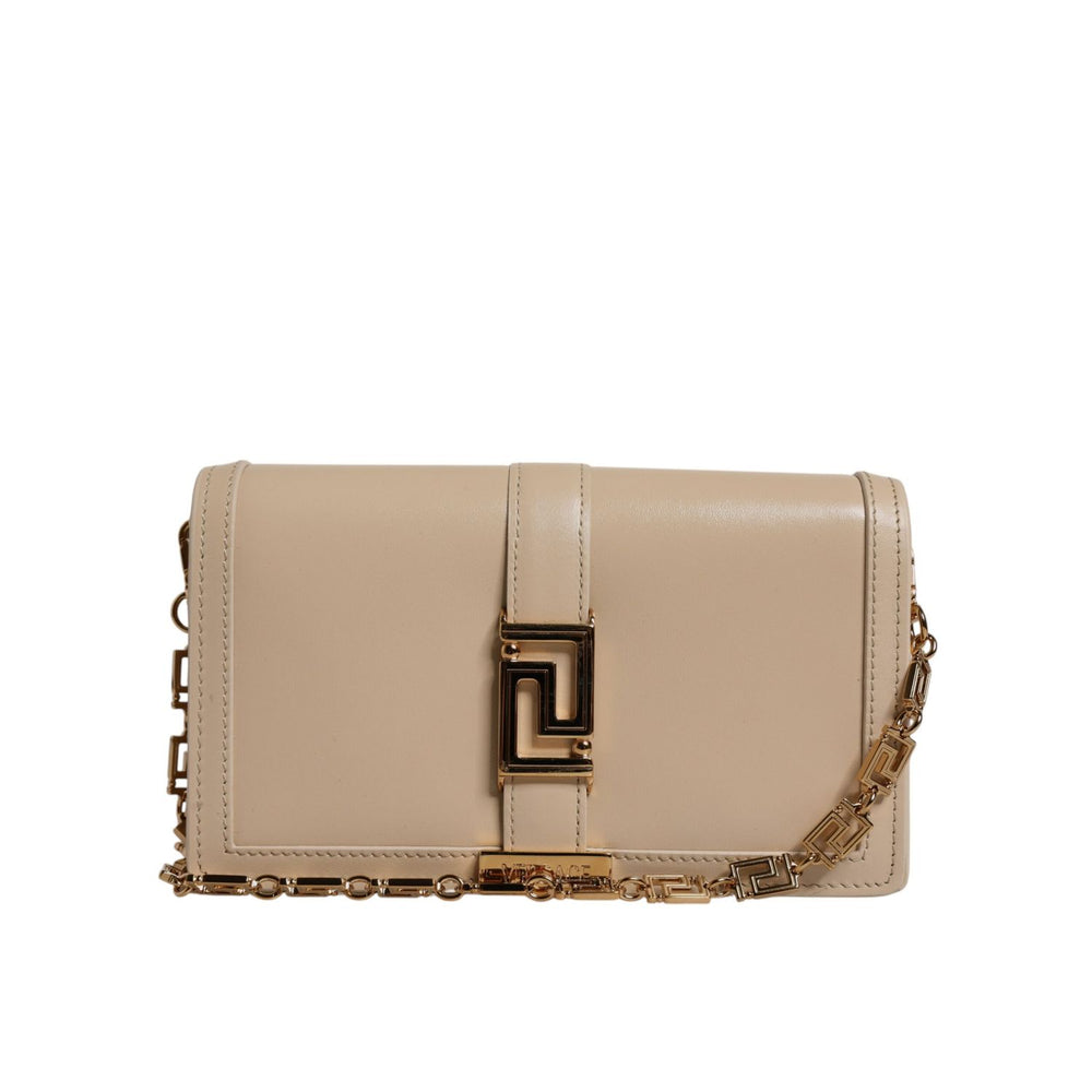 Versace Beige Gold Chain Calf Leather Wallet Crossbody Bag