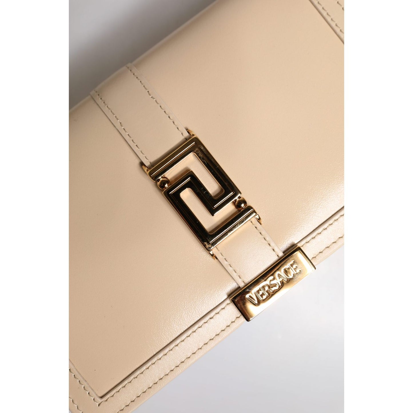 Versace Beige Gold Chain Calf Leather Wallet Crossbody Bag