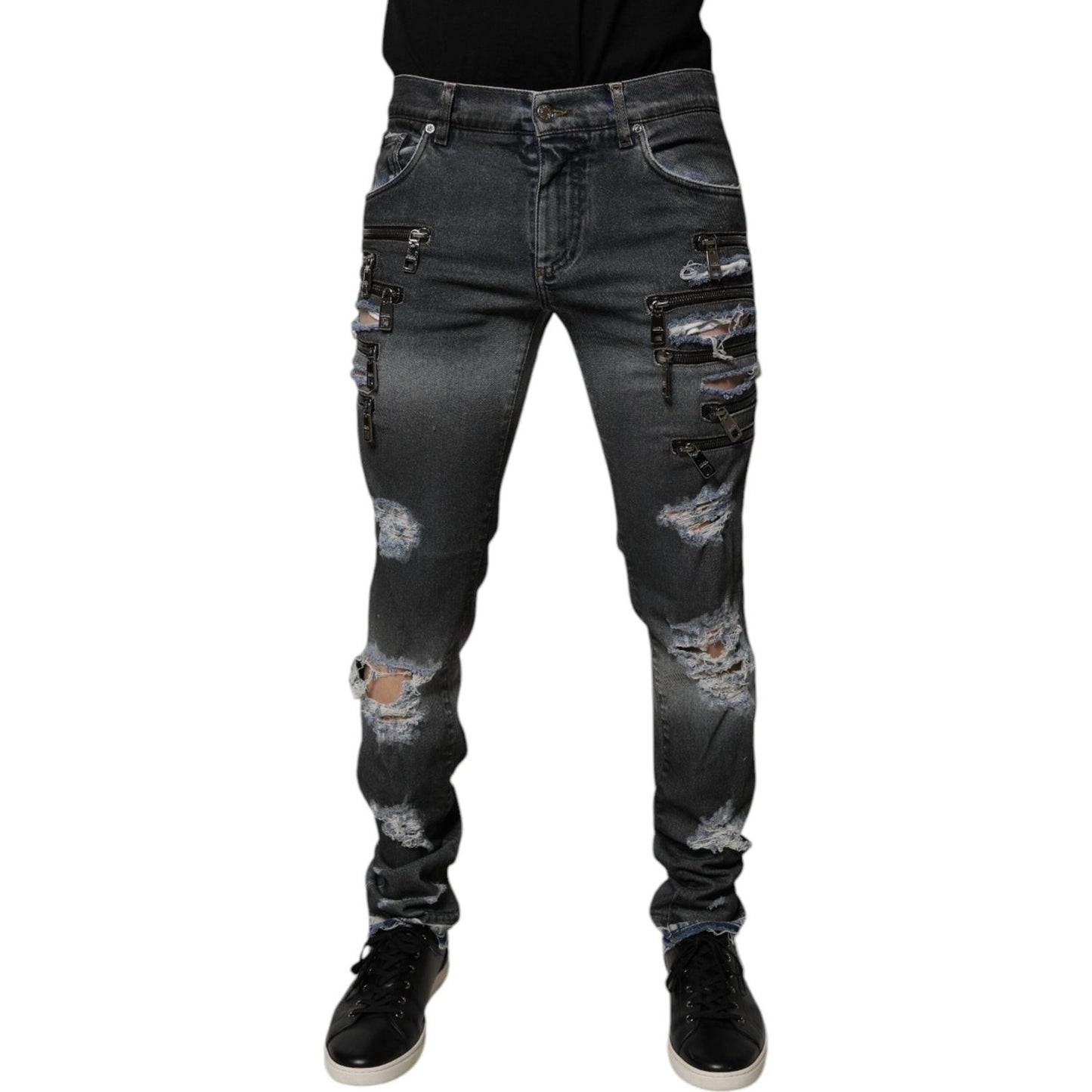 Dolce & Gabbana Dark Gray Tattered Cotton Skinny Denim Jeans PAN75173-48