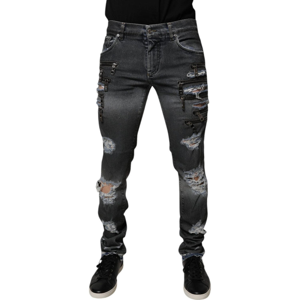 Dolce & Gabbana Dark Gray Tattered Cotton Skinny Denim Jeans PAN75173-48