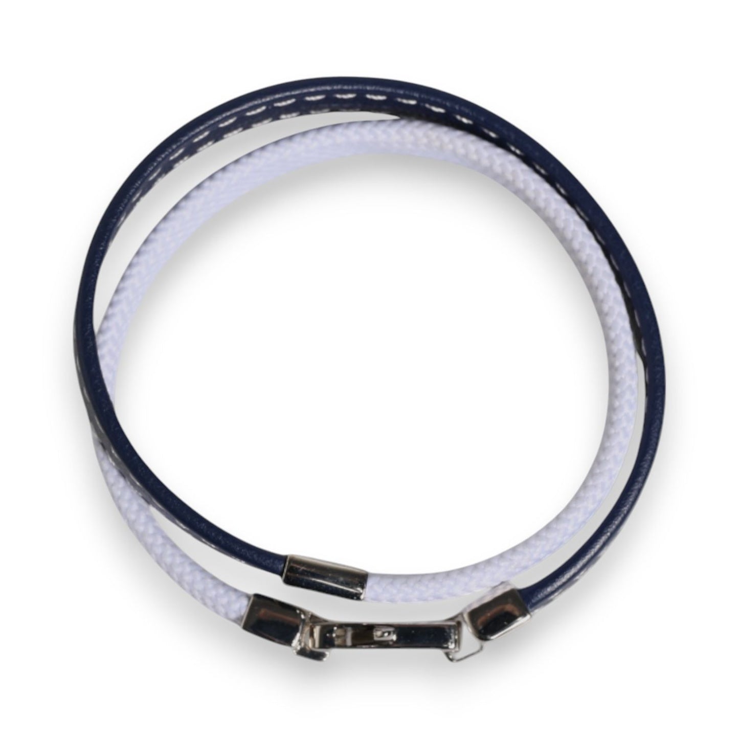 Dolce & Gabbana Blue White Leather Trimmed DG Engraved Silver Tone Clasp Bracelet SMY10690