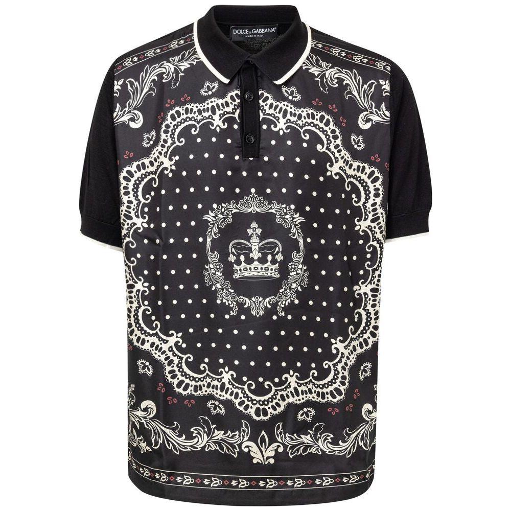 Dolce & Gabbana black silk polo shirt with bandana print, front button fastening, and jersey collar. 100% silk with stretch back panel.