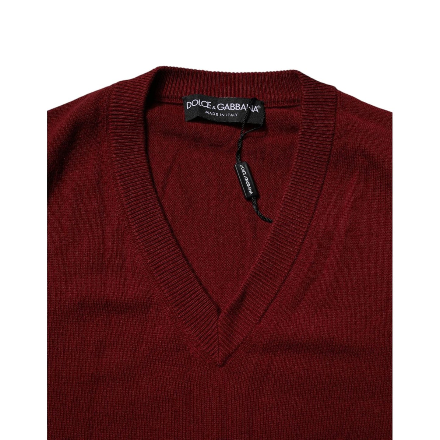 Dolce & Gabbana Maroon Cashmere V-neck Men Pullover Sweater
