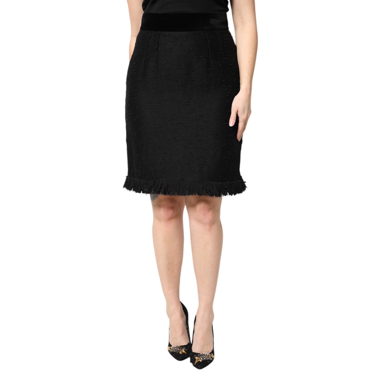 Dolce & Gabbana Black Wool Fringe High Waist Pencil Mini Skirt