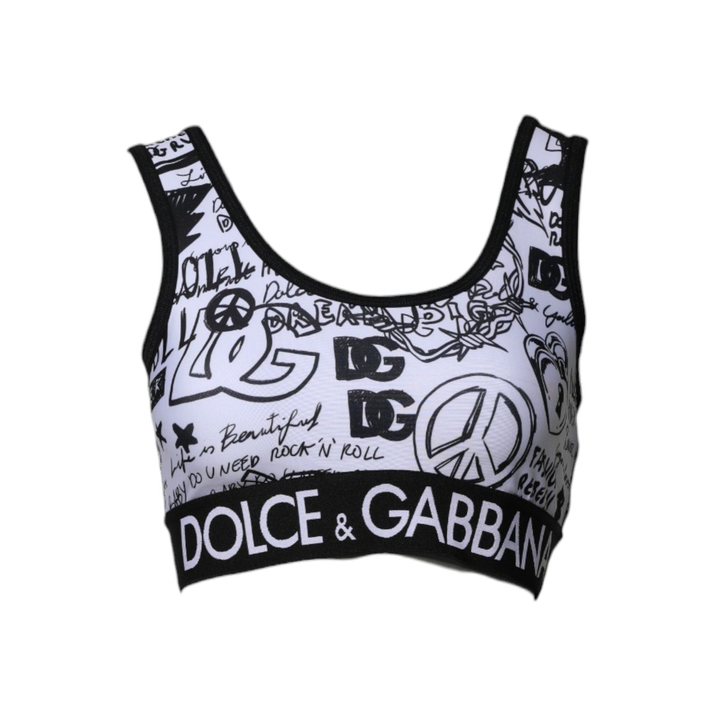Dolce & Gabbana White Graffiti Print Logo Band Sports Bra Top