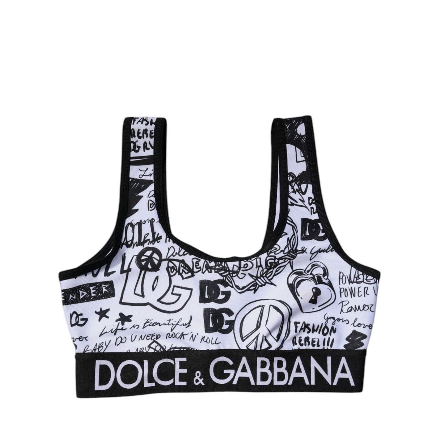 Dolce & Gabbana White Graffiti Print Logo Band Sports Bra Top