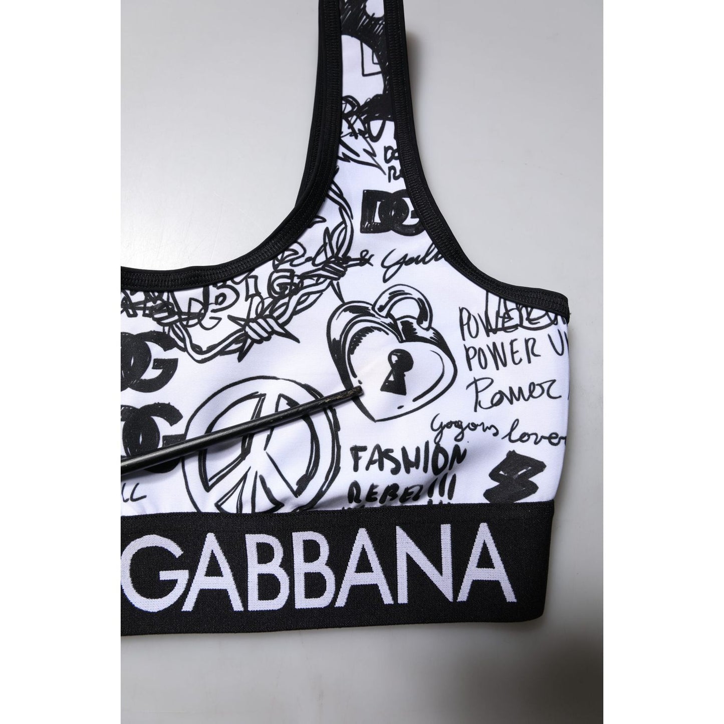 Dolce & Gabbana White Graffiti Print Logo Band Sports Bra Top