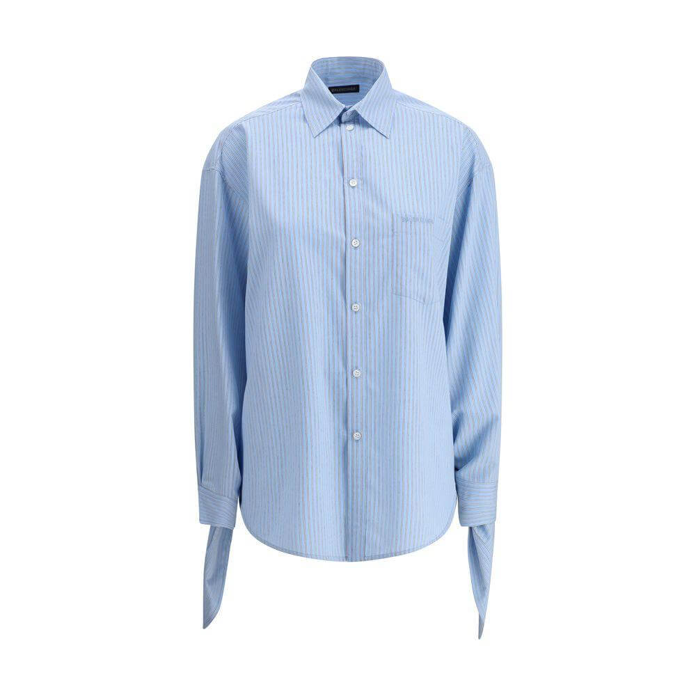 Balenciaga blue striped shirt with button placket, chest pocket, logo embroidery, and unique cuffs for a contemporary look.