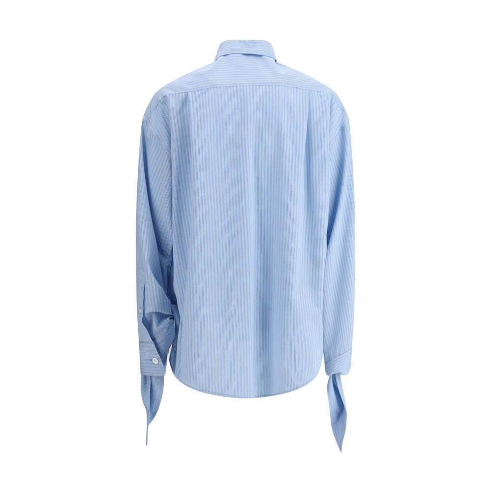 Back view of Balenciaga striped shirt with long sleeves and knotted cuffs, showcasing a modern and distinctive design.