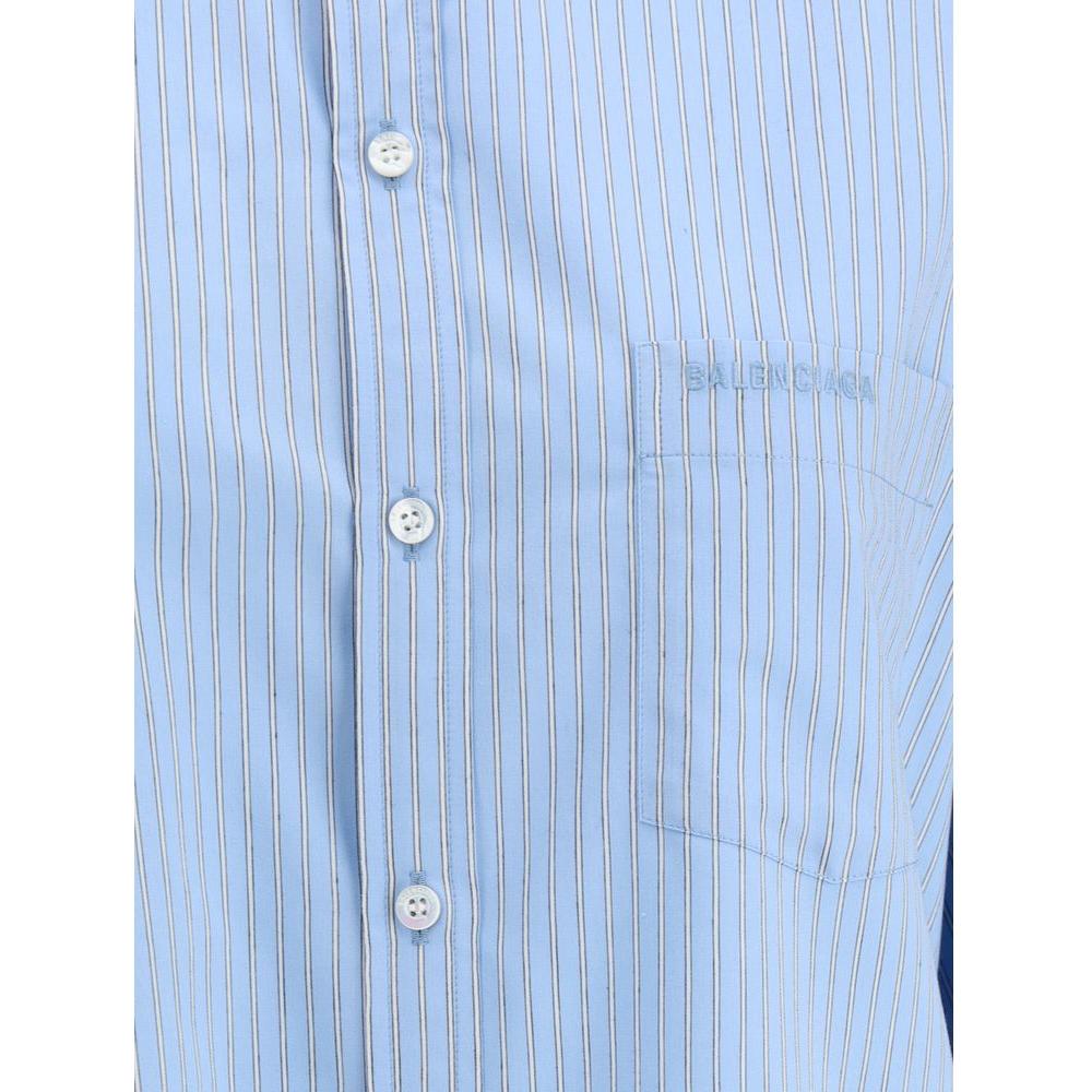 Balenciaga striped shirt with button placket and chest patch pocket featuring logo embroidery.