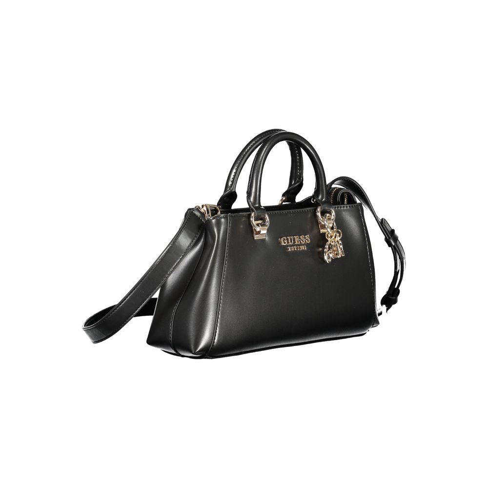 Guess Jeans Black Polyethylene Handbag with adjustable strap, multiple compartments, logo detail, and protective feet.