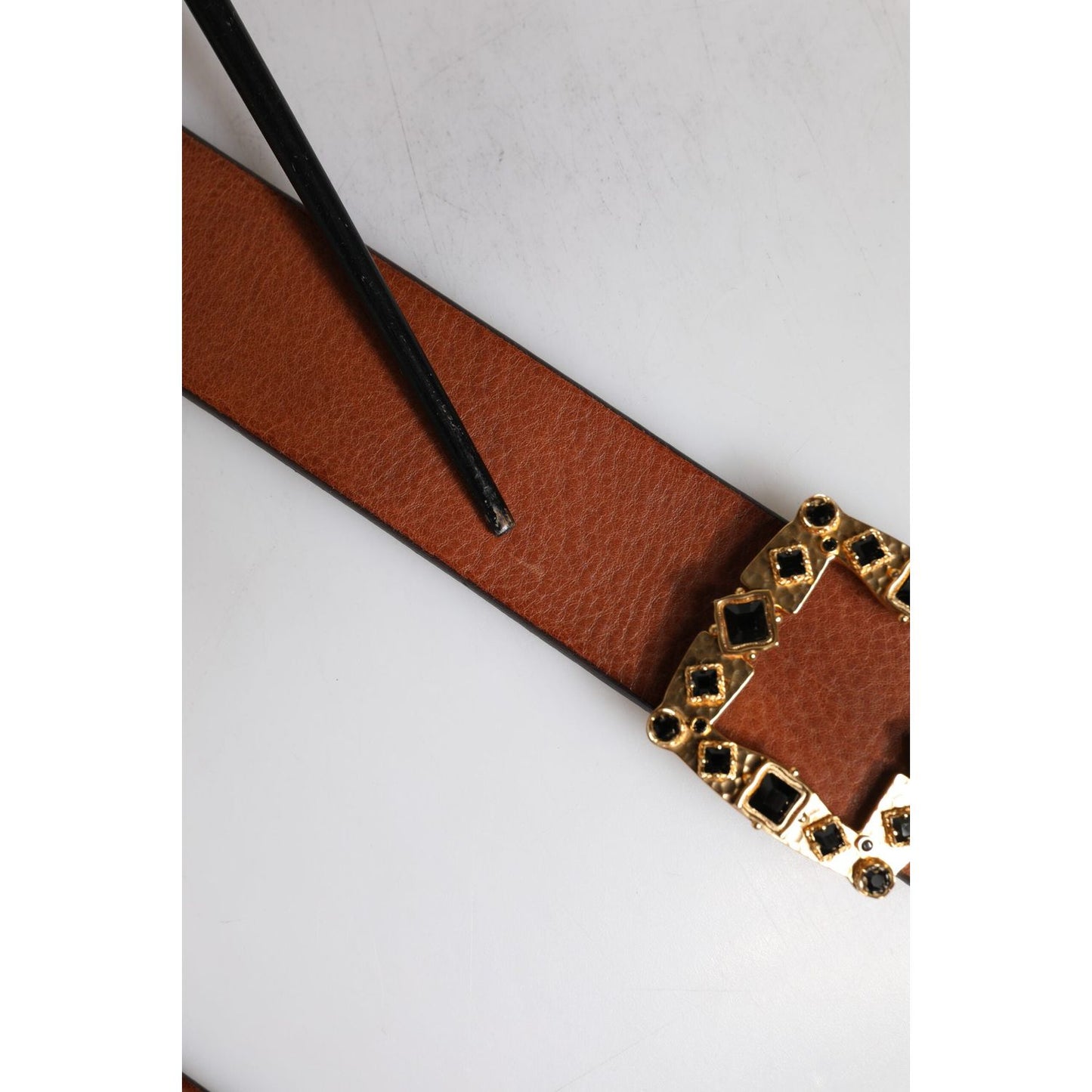 Dolce & Gabbana Brown Leather Gold Crystal Buckle Belt BEL9273-90