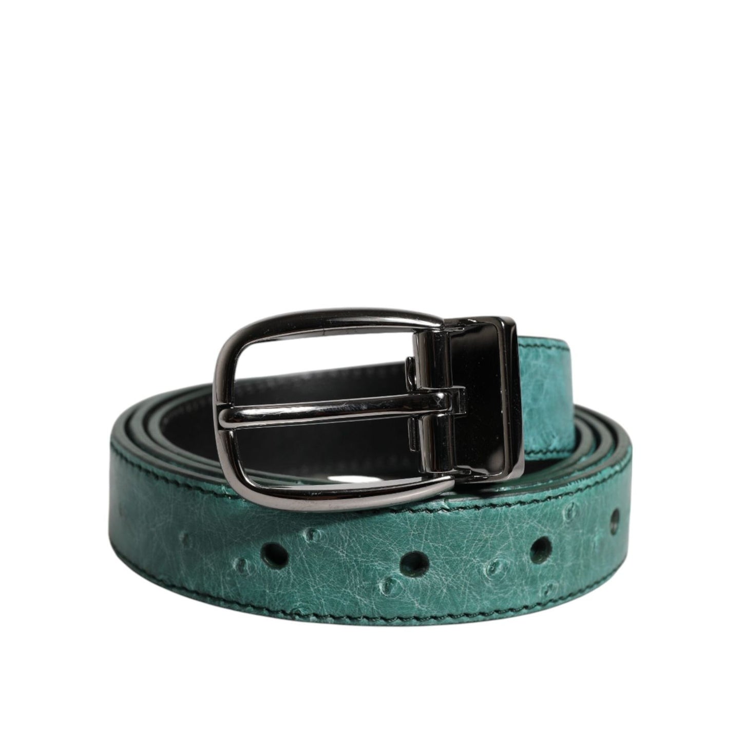 Dolce & Gabbana Green Ostrich Leather Silver Metal Buckle Belt BEL9276-80