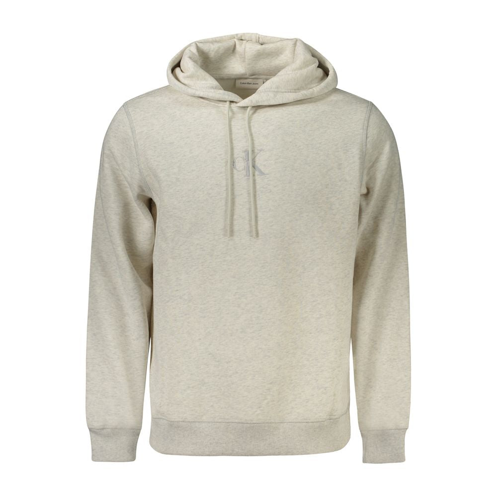 Calvin Klein gray cotton men's sweater with embroidered logo and hood, made of 61% cotton and 20% recycled fibers for eco-conscious style.