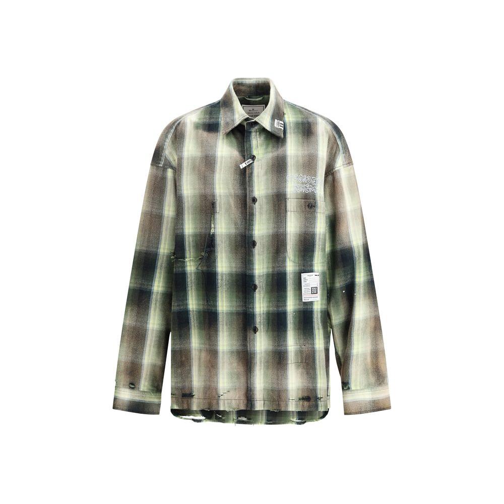 Maison Mihara Yasuhiro oversized checkered shirt with vintage design, classic collar, monogram patch, and embroidered detailing.