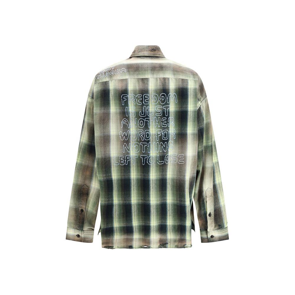 Maison Mihara Yasuhiro oversized shirt with vintage plaid, embroidered lettering, patch pocket, and button cuffs.