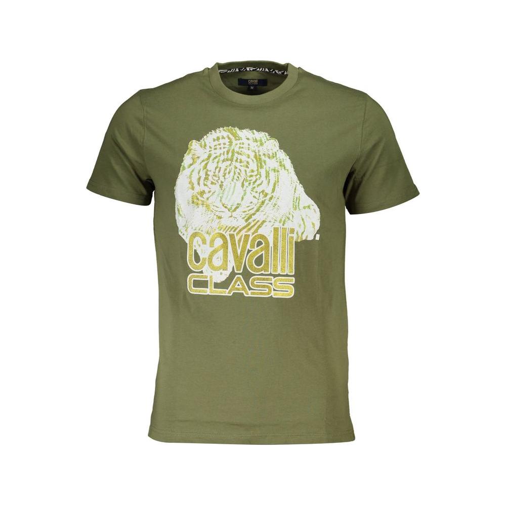 Cavalli Class green cotton t-shirt with short sleeves, round neck, tiger print, and logo detailing.