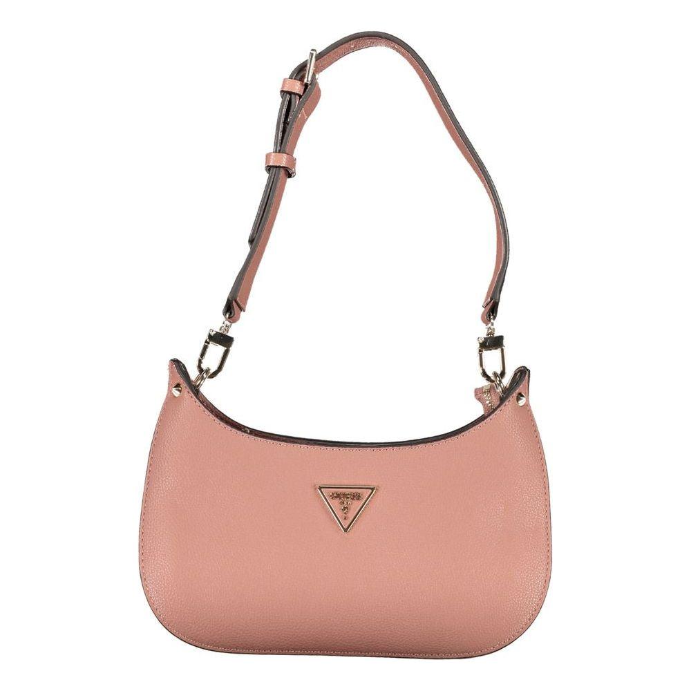Guess Jeans pink polyethylene handbag with adjustable strap, zip closure, contrast details, and logo on the front.