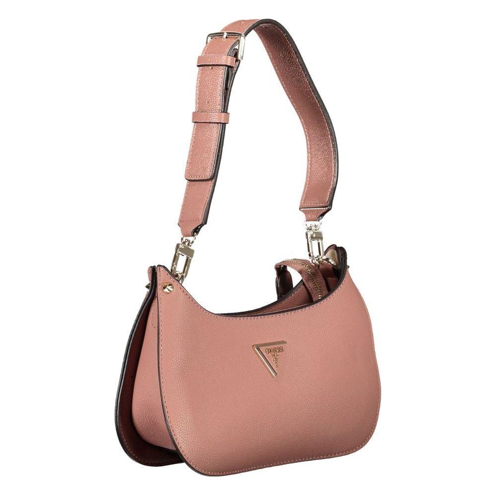 Guess Jeans pink polyethylene handbag with adjustable strap and zip closure, featuring contrast details and logo.