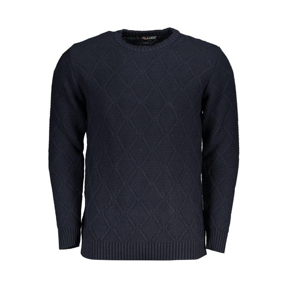 U.S. Grand Polo blue fabric sweater with long sleeves, crew neck, and diamond pattern featuring a logo. Ideal for casual wear.