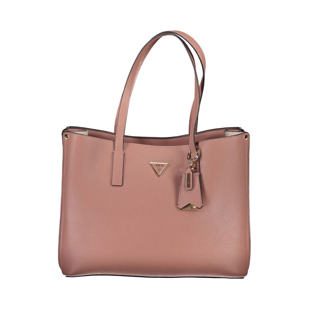 Guess Jeans pink polyethylene handbag with two shoulder handles, external and internal pockets, zip and snap closure, and logo detail.