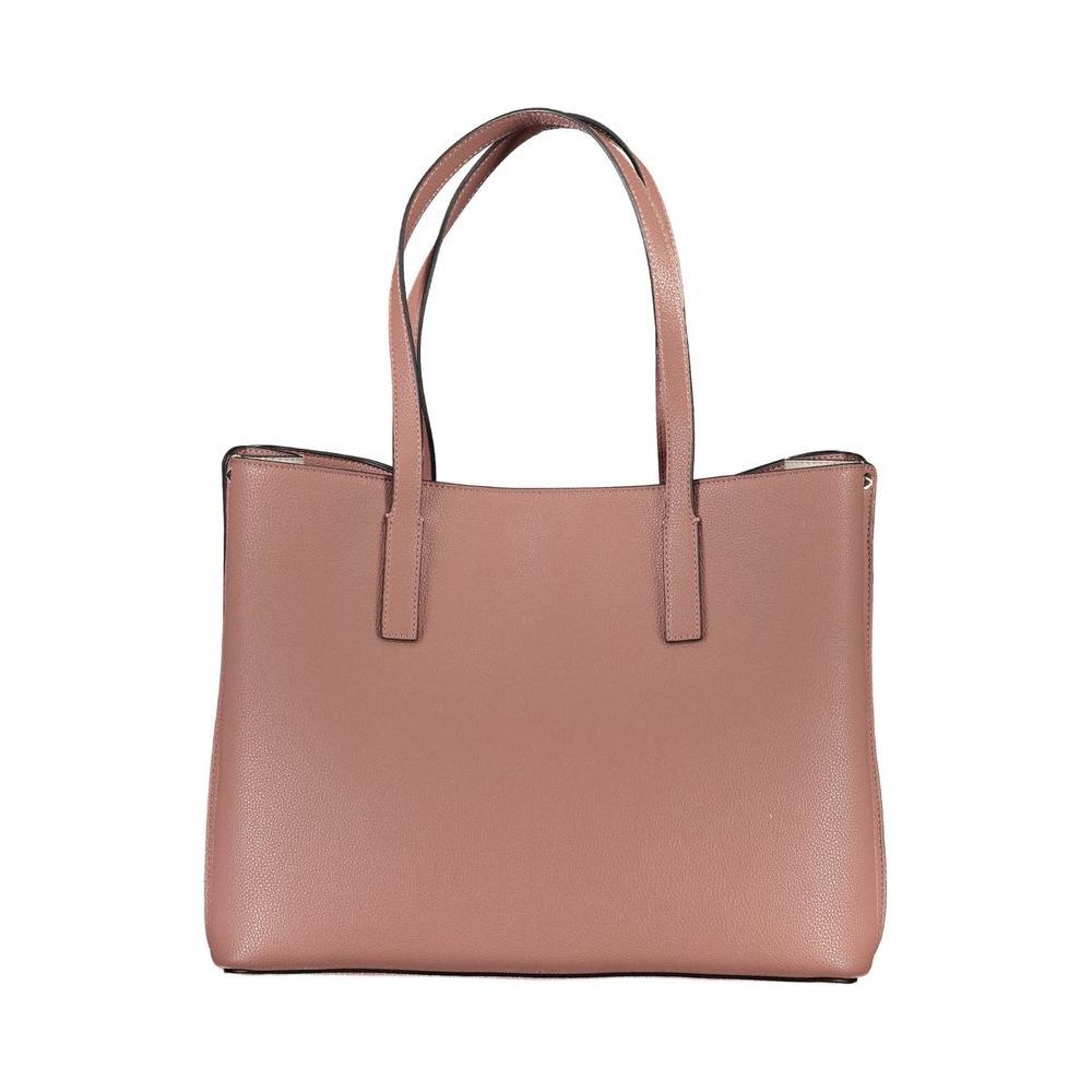 Pink polyethylene handbag with Guess logo, two shoulder handles, external and internal pockets, and zip and snap closure.