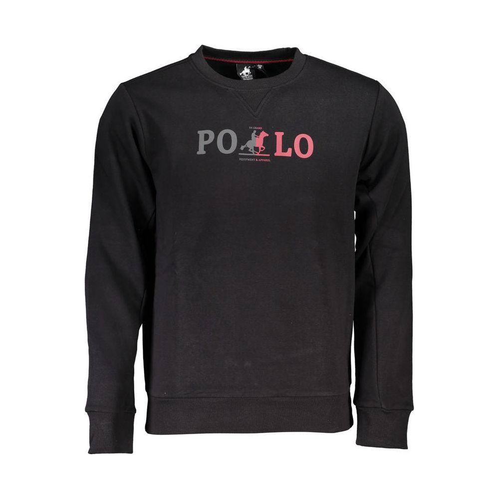 U.S. Grand Polo black crew neck sweatshirt with logo, soft fleece, 60% cotton, 40% polyester, ideal for casual wear.