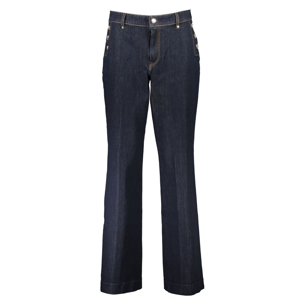 Guess blue cotton super skinny jeans with wide leg, 2 pockets, contrast details, button and zip closure, and logo.