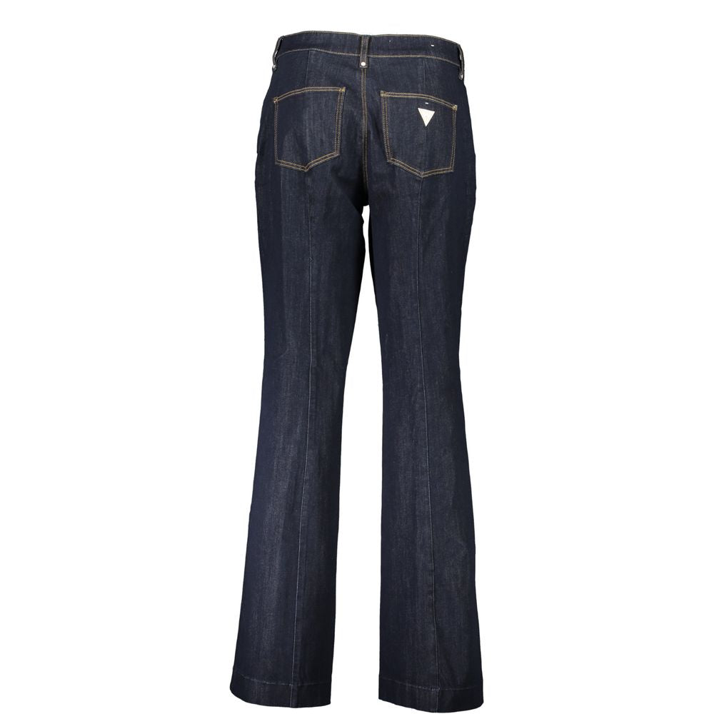 Back view of Guess Jeans blue cotton super skinny jeans with two pockets, contrast details, and logo. Wide leg, button, and zip closure.