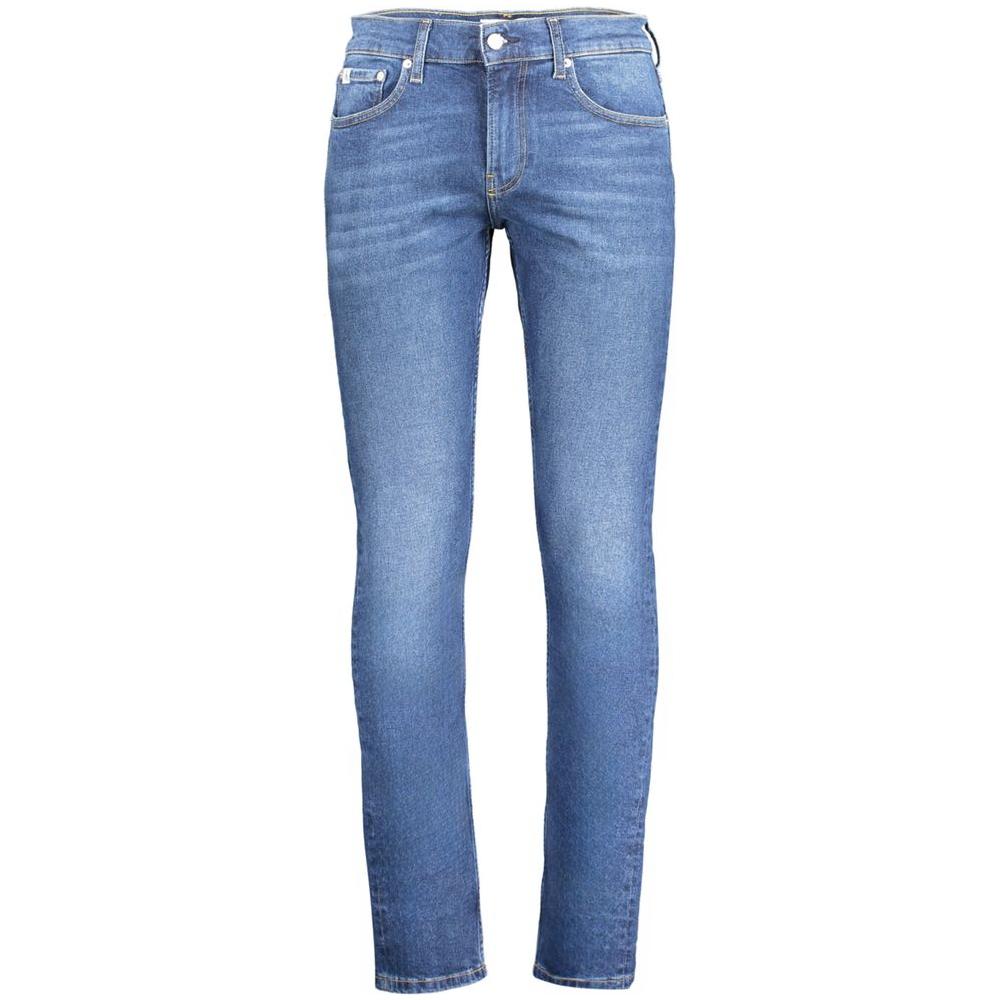Calvin Klein blue cotton slim jeans with 5 pockets, button, and zip. Features logo on waistband, classic fit.