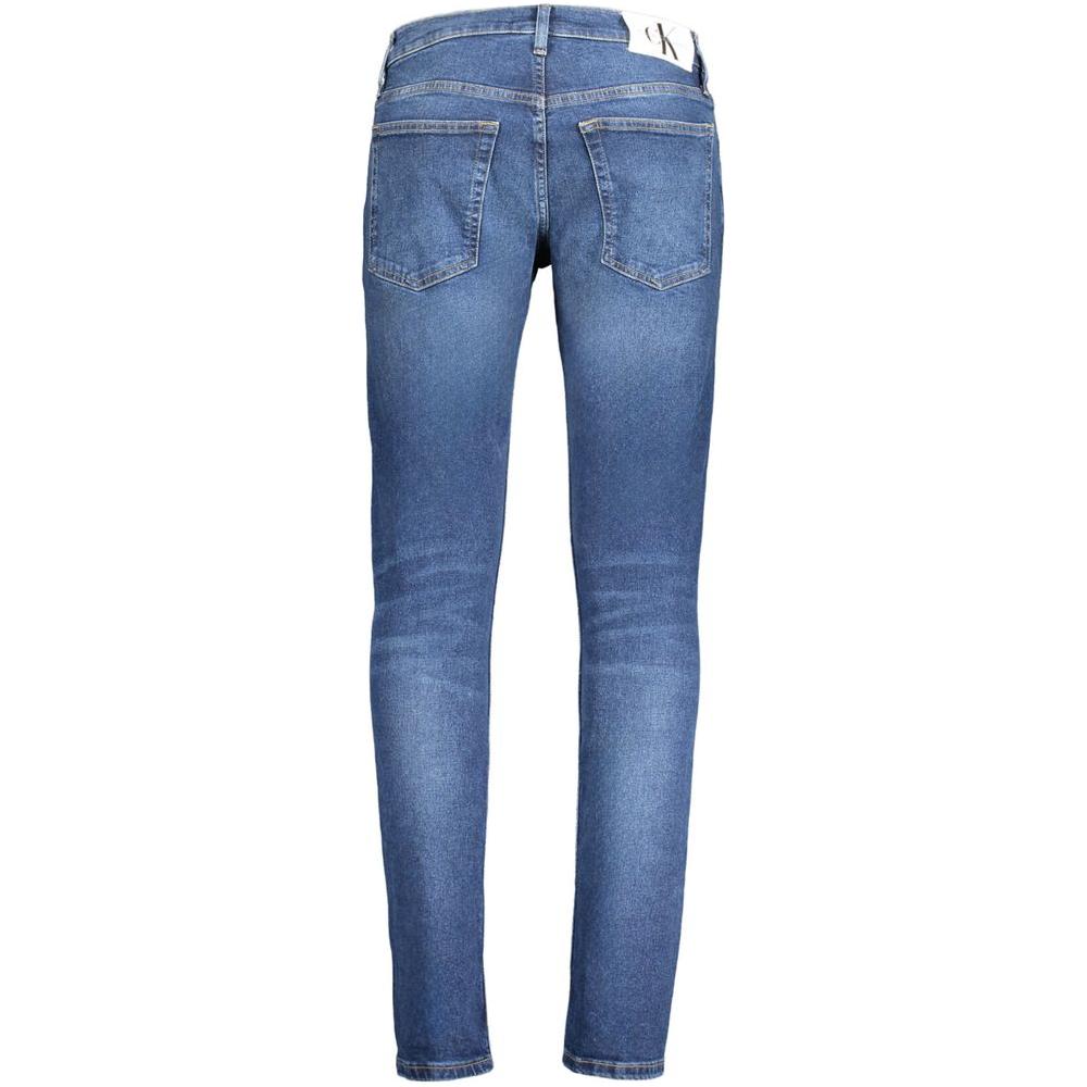 Back view of Calvin Klein blue slim jeans with 5 pockets, button, zip, and logo badge