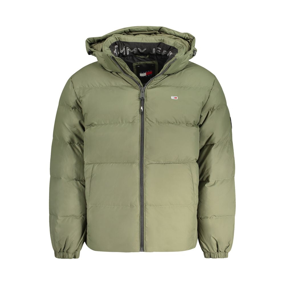 Tommy Hilfiger green men's jacket with removable hood, features long sleeves, external and internal pockets, made of recycled polyester.