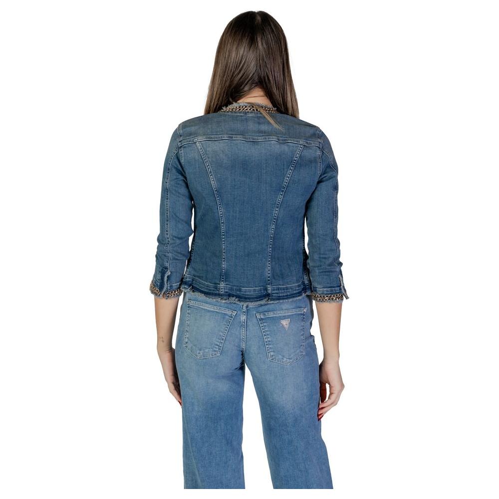 Back view of Liu Jo women's light blue cotton jacket, perfect for spring-summer fashion, made of 98% cotton and 2% elastane.