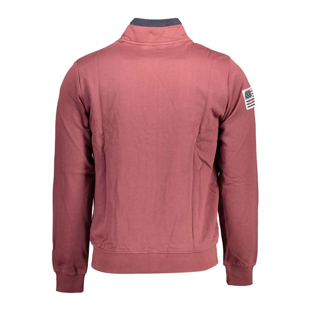 Back view of U.S. POLO ASSN. purple cotton men's sweater with American flag patch on sleeve, showcasing casual and stylish design.