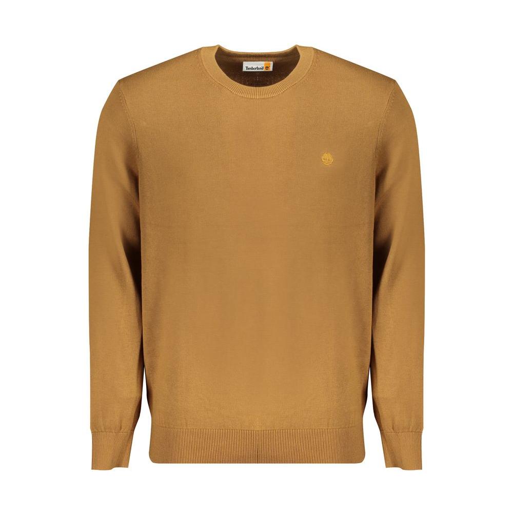 Timberland brown cotton sweater with long sleeves, crew neck, and logo, made of 100% organic cotton.