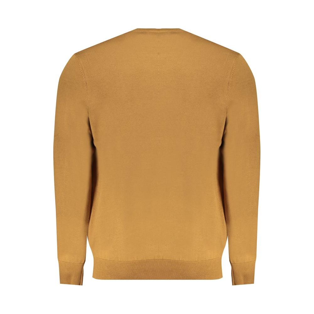 Back view of Timberland brown cotton sweater, long-sleeved, crew neck, with logo, made from 100% organic cotton.